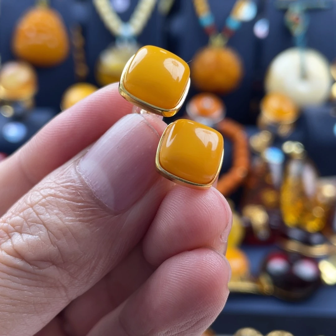 蜜蜡耳饰银S925镀金镶嵌