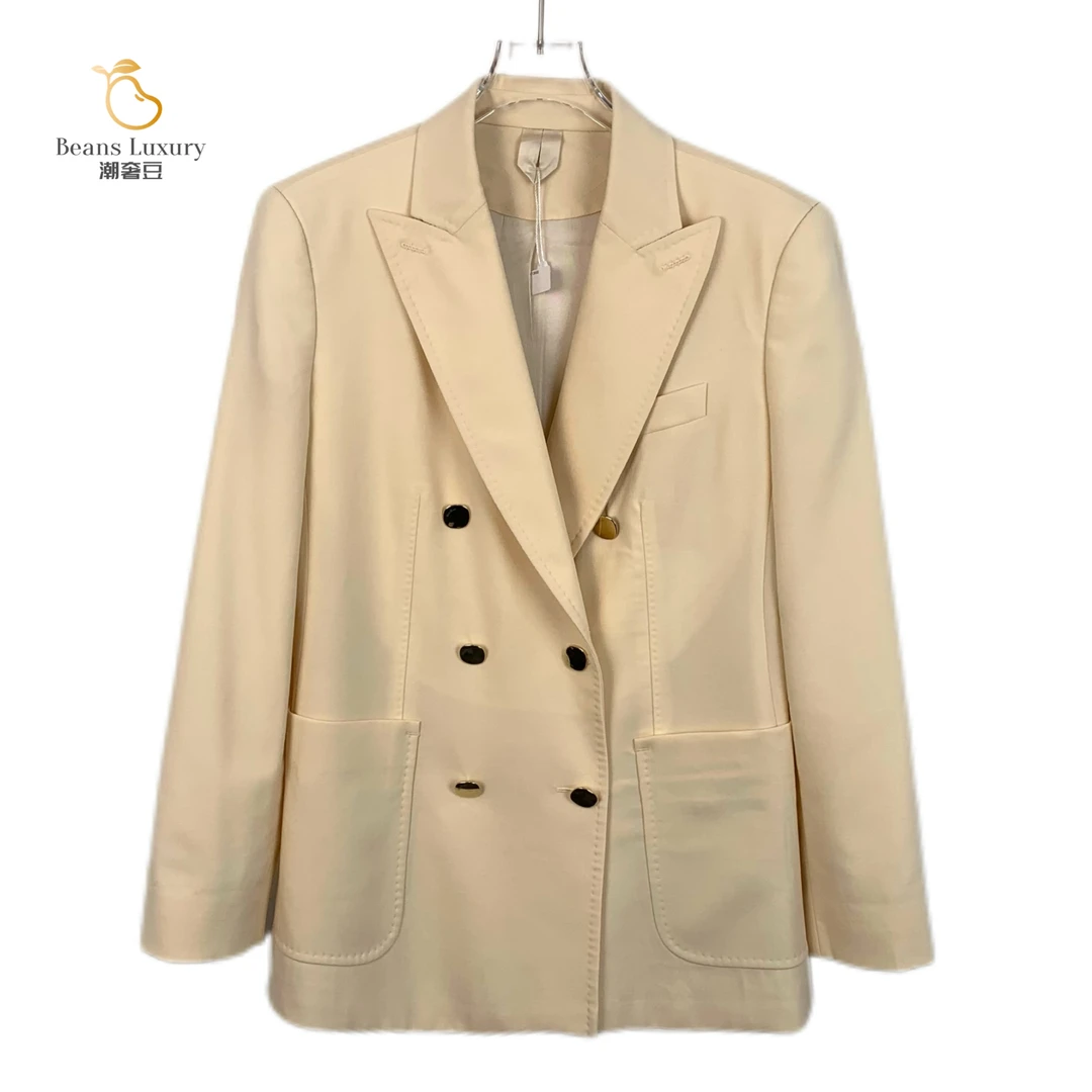 95新 MaxMara 潮奢豆 严选/米色绵羊毛V领双排扣长袖外套/X13603