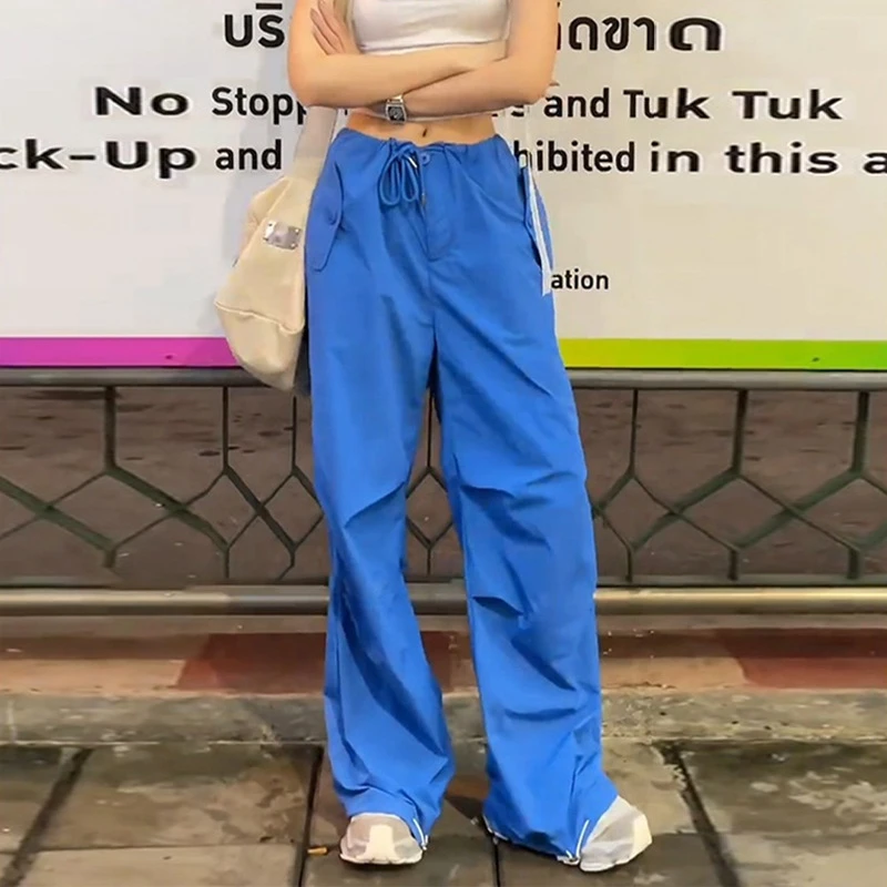 少量高腰直筒美式休闲宽松百搭显瘦抽绳薄款阔腿工装裤时尚蓝色