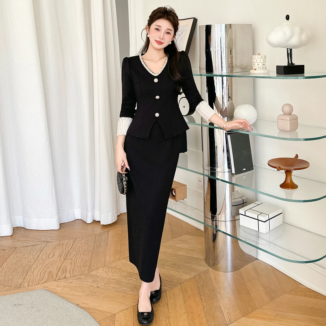 实拍秋冬大码赫本风V领钉珠法式复古上衣半身裙两件套