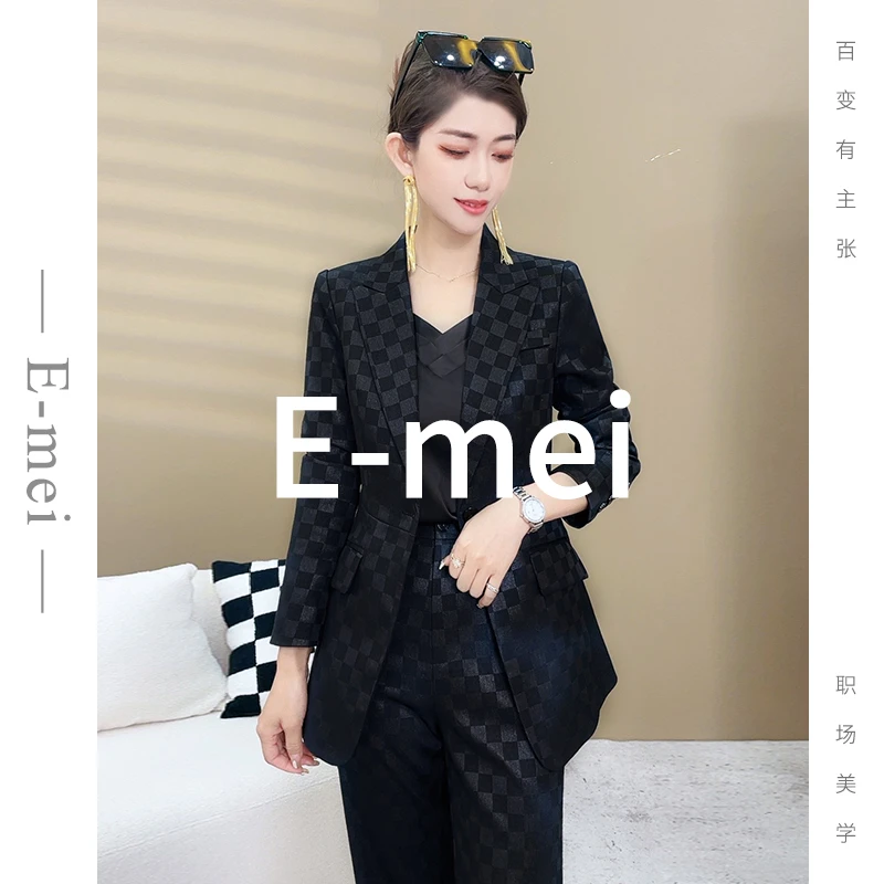 2025春季黑色棋盘格显瘦休闲通勤套装气质时尚外套