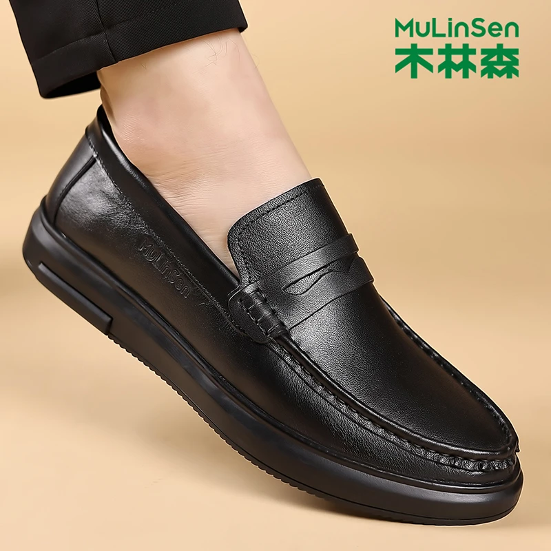 木林森乐福鞋男士2025新款高端软底豆豆鞋一脚蹬春秋英伦休闲皮鞋