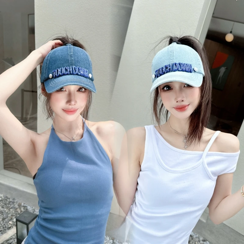 CREAMPP 原创休闲百搭水洗牛仔时髦串珠字母马尾棒球帽镂空鸭舌帽