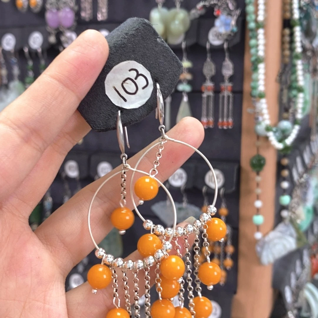 木****银S925镶嵌蜜蜡耳饰X28