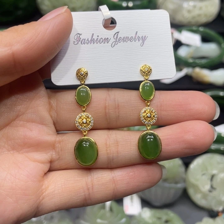 和田玉耳饰银S925镶嵌