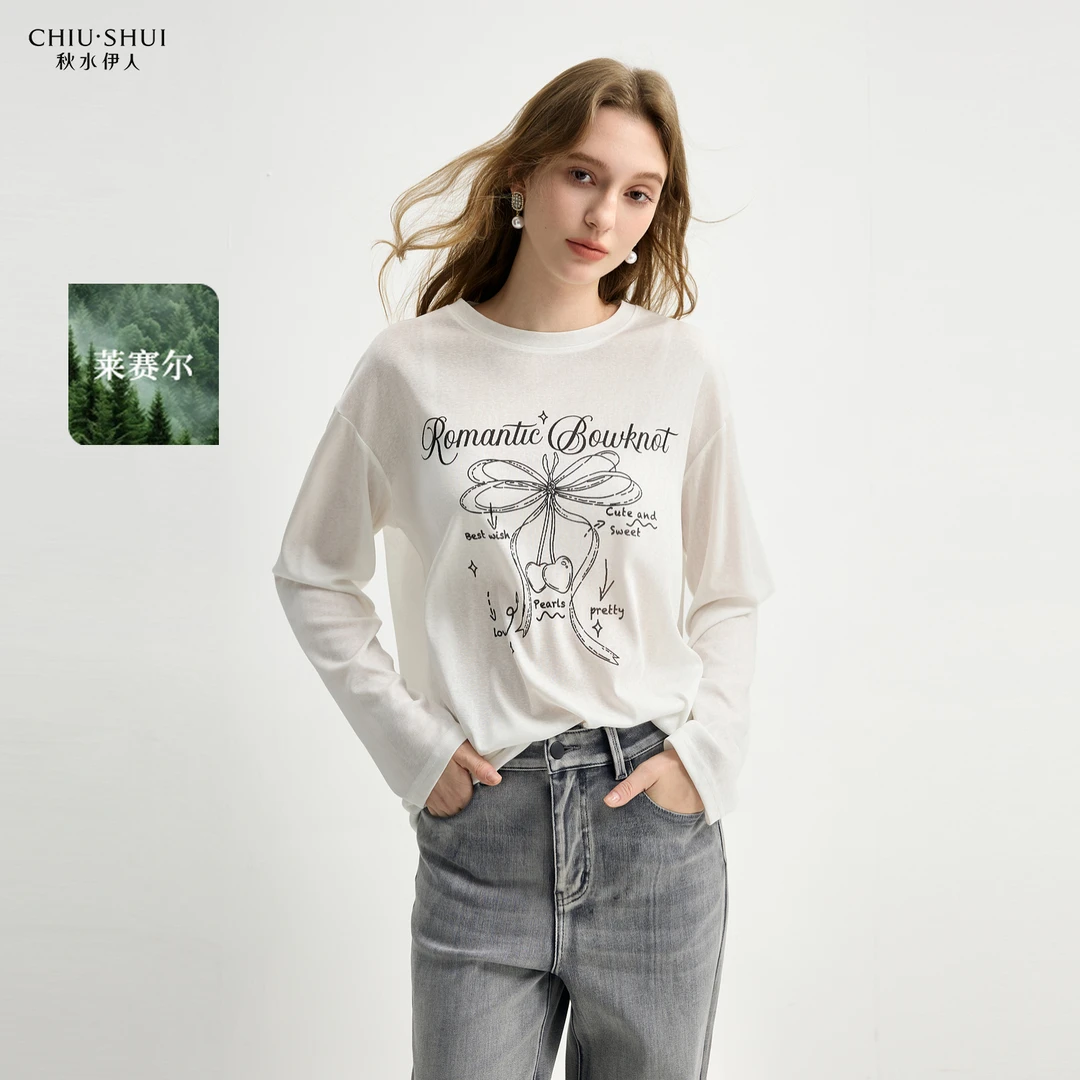 秋水伊人莱赛尔混纺T恤25年春季新款蝴蝶结印花上衣625112A200135