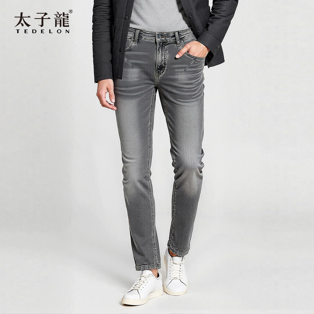 太子龍刺绣时尚牛仔裤男士休闲裤直筒百搭修身灰色弹力水洗