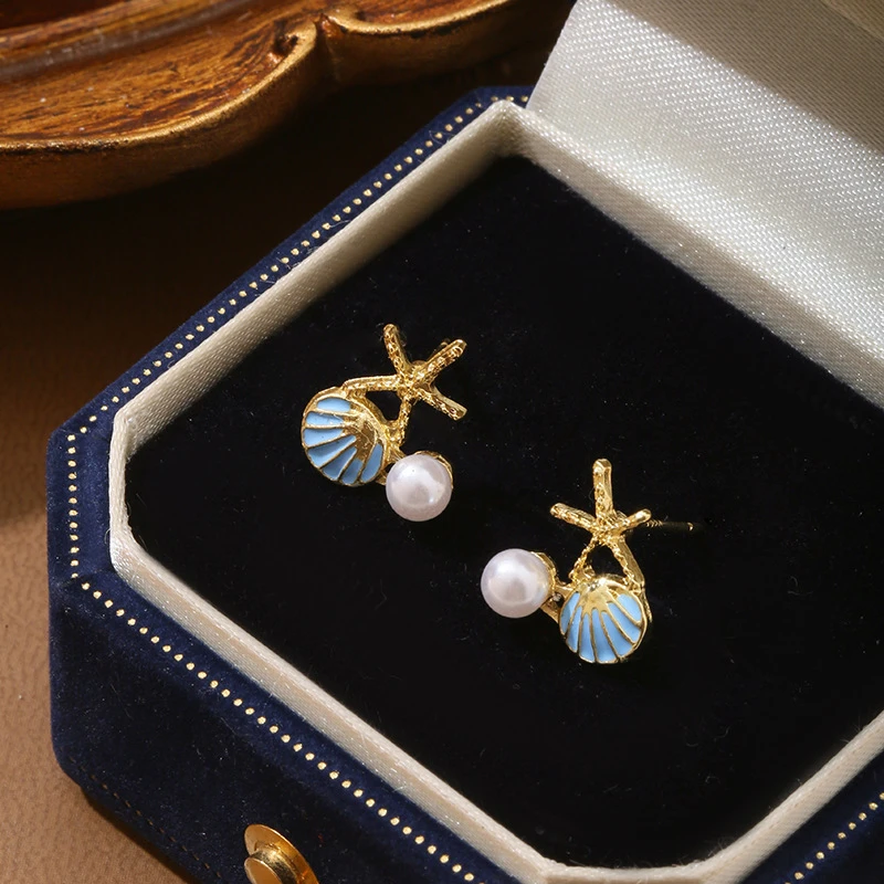 合金耳饰 耳钉气质海洋生物少女风镶嵌小众蓝色拼色简约法式小巧