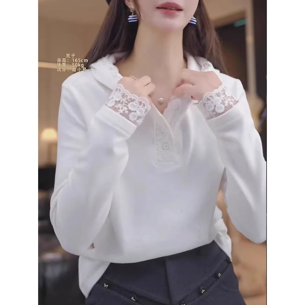 德绒连帽拼接蕾丝打底衫女秋冬白色内搭t恤2025新款内搭长袖上衣