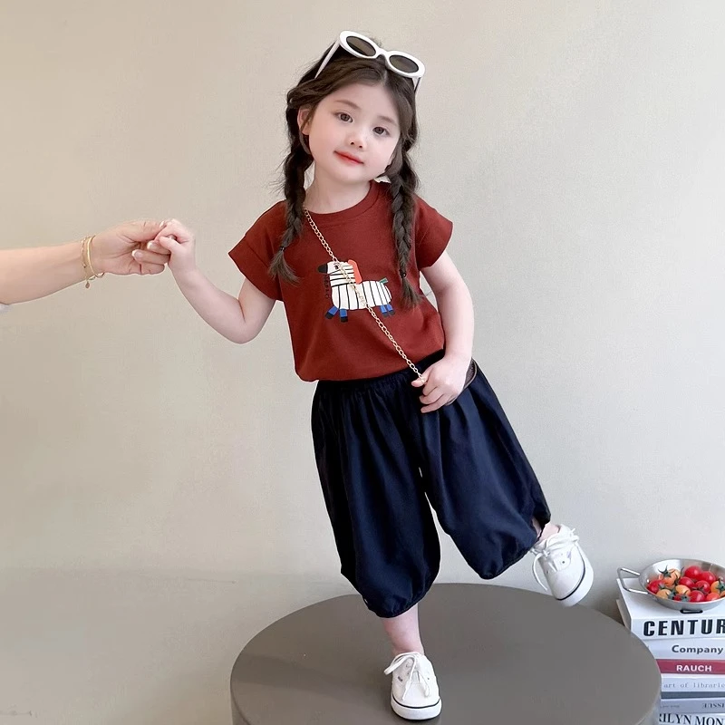 女童夏季套装2025新款儿童夏装卡通小马短袖T恤宝宝宽松防蚊裤潮