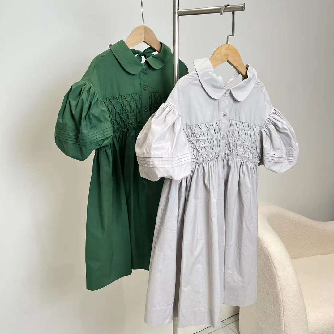 夏款女童两色连衣裙绿色米卡色 7078 禾系