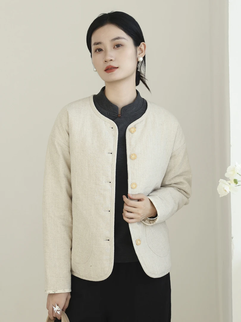 冬季新款中式棉麻外套棉服女圆领夹丝绵加厚保暖棉衣双面穿棉袄子