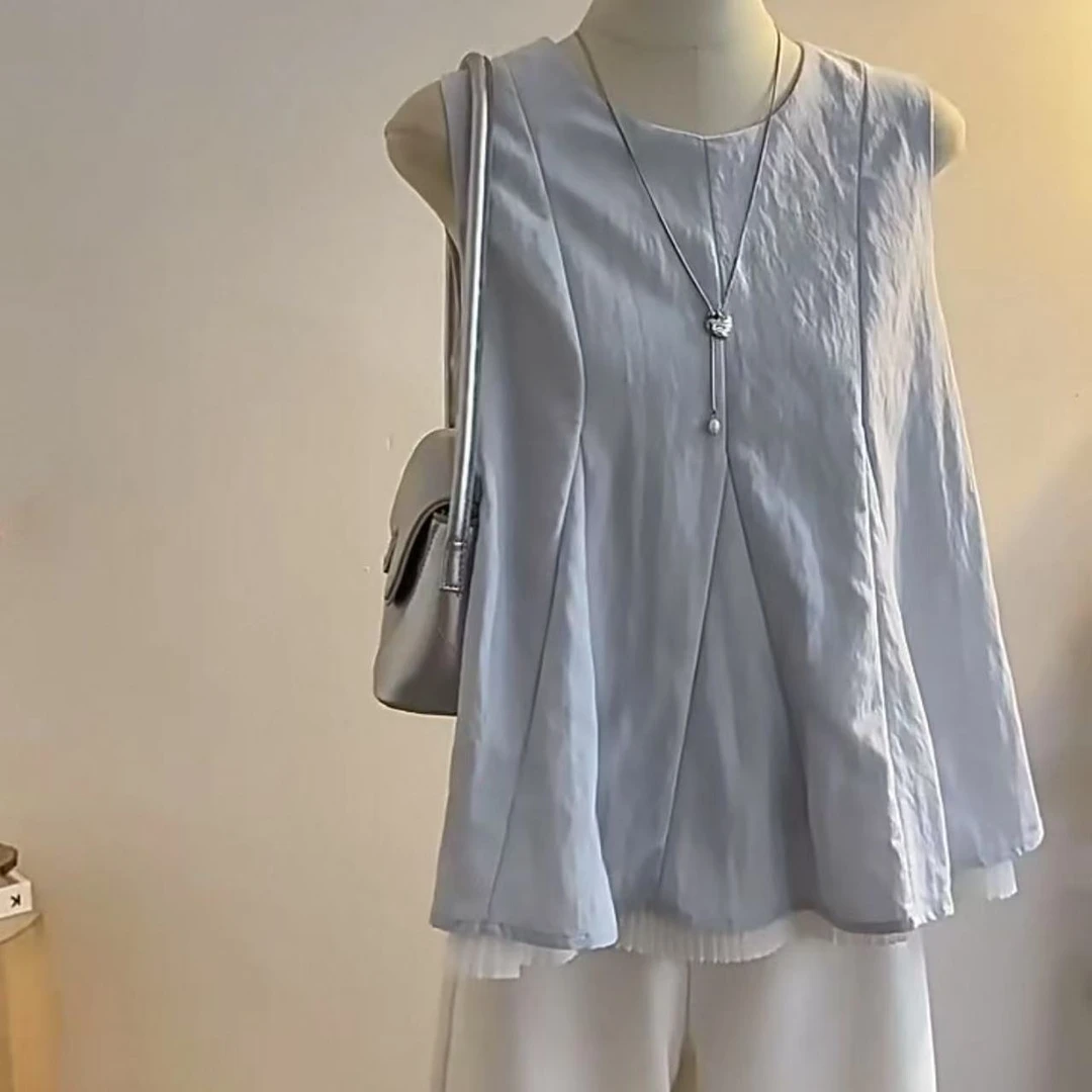 夏季新款韩系圆领无袖，百搭，遮肚衬衫式背心上衣女