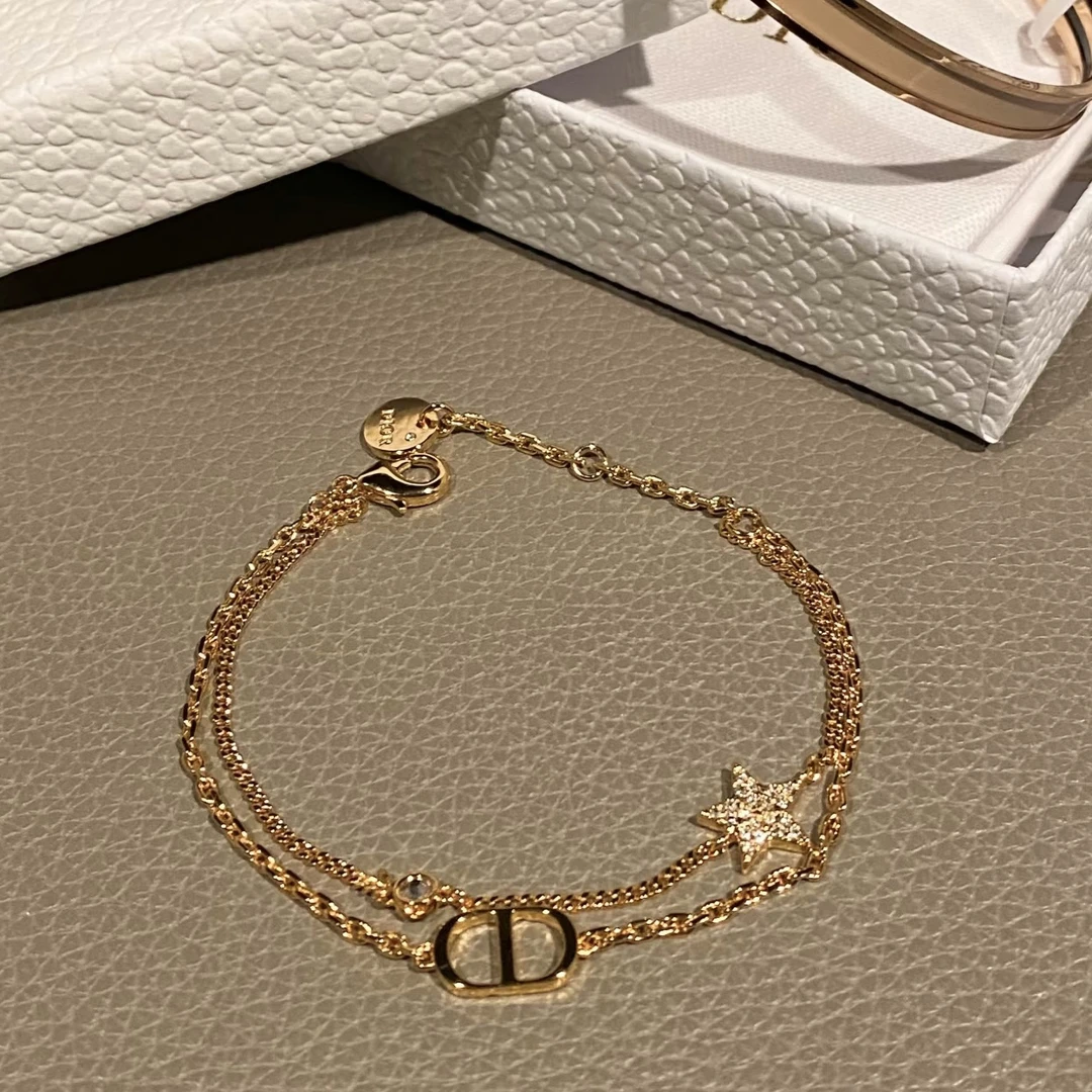 99新 DIOR/迪奥 CD星星双链条手链 金色