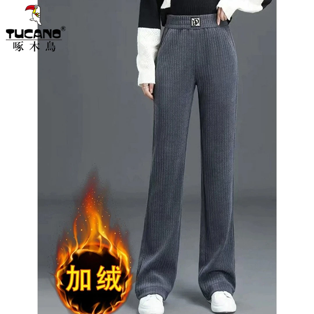 啄木鸟加绒裤子女冬季加厚一条过冬保暖条绒棉裤外穿雪尼尔阔腿裤