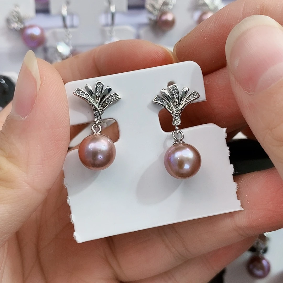 银S925镶嵌特价新品紫珠耳饰淡水珍珠