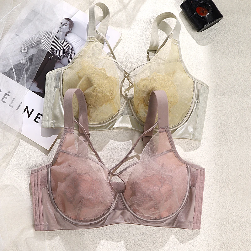 内衣女大胸显小超薄款软钢圈防凸点调整型防下垂文胸性感蕾丝胸罩