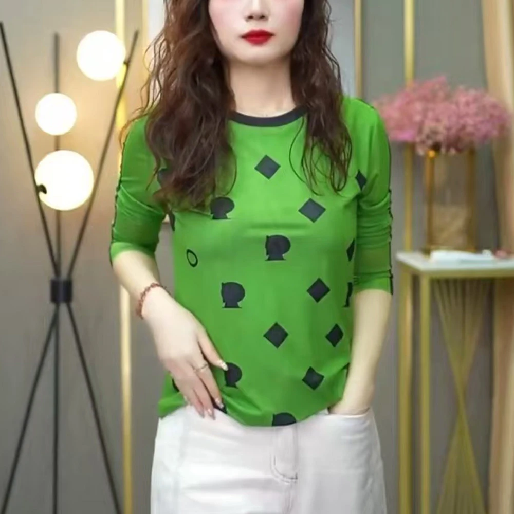 春季新款长袖几何纱网绿色时髦舒适拼接印花圆领T恤套头上衣D1604
