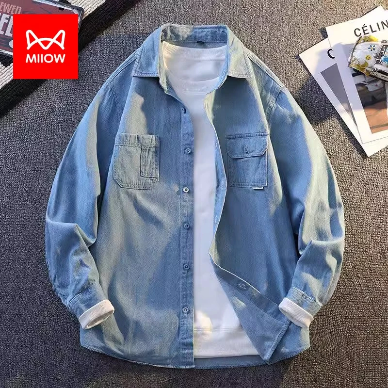 猫人复古牛仔衬衫春秋季2025年新款水洗百搭宽松简约男士长袖衬衣