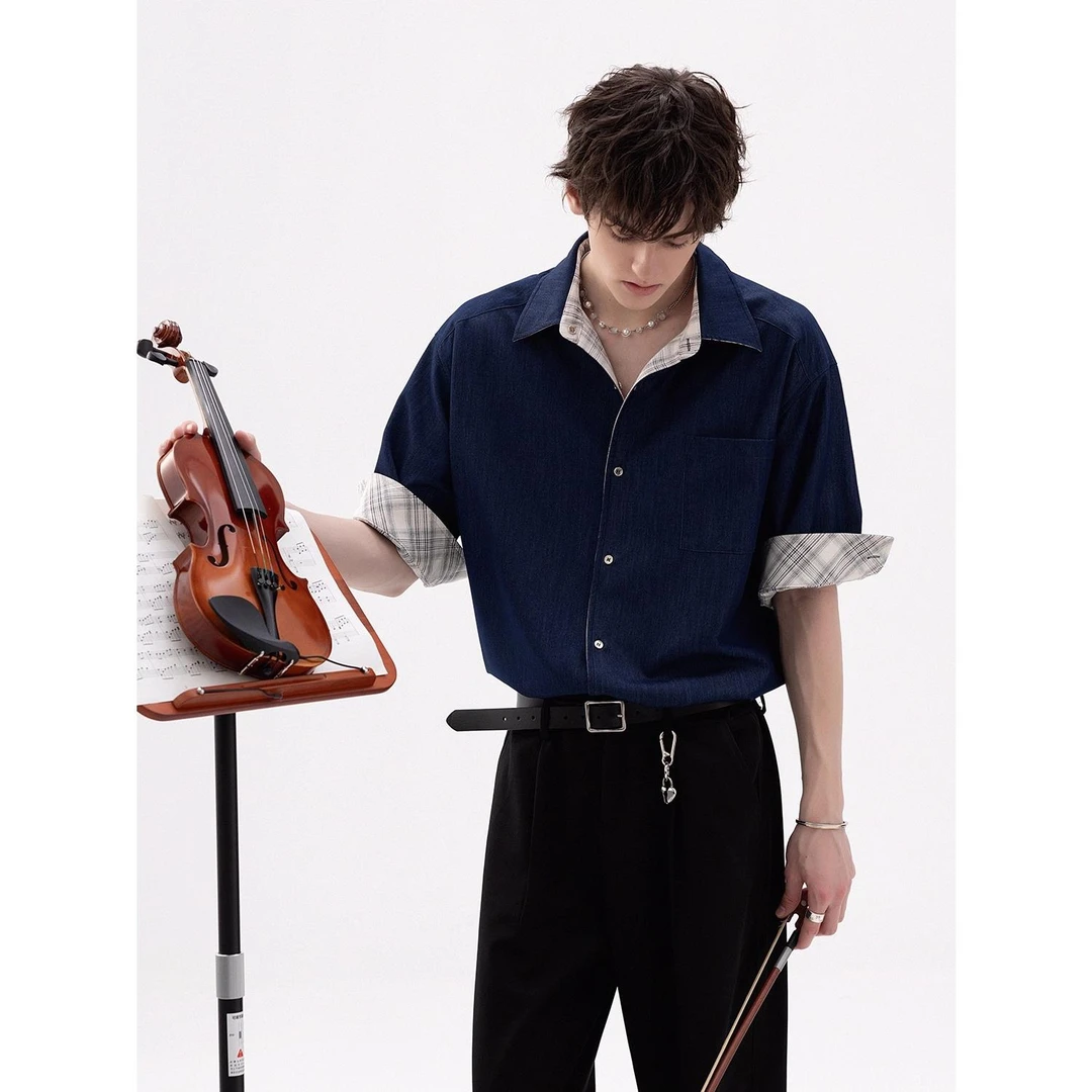 高级感冰丝拼接格纹衬衫男短袖夏季2025新款痞帅宽松休闲免烫衬衣