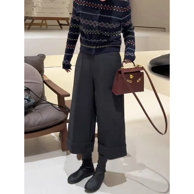 欧货毛呢七分休闲裤女2025秋冬新款时尚百搭宽松高腰显瘦阔腿裤子
