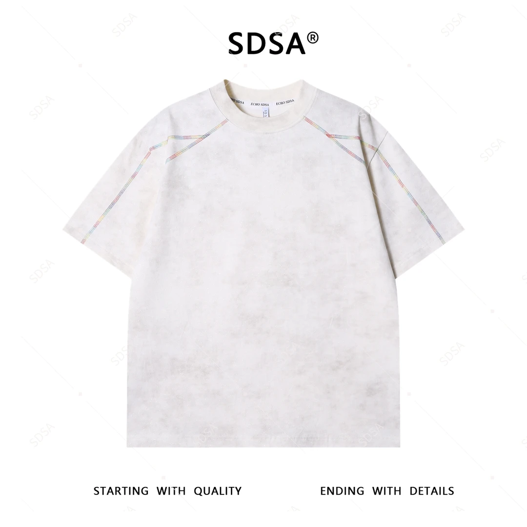 夏季高级感新款男士简约彩色缝线设计短袖T恤满天星宽松圆领上衣