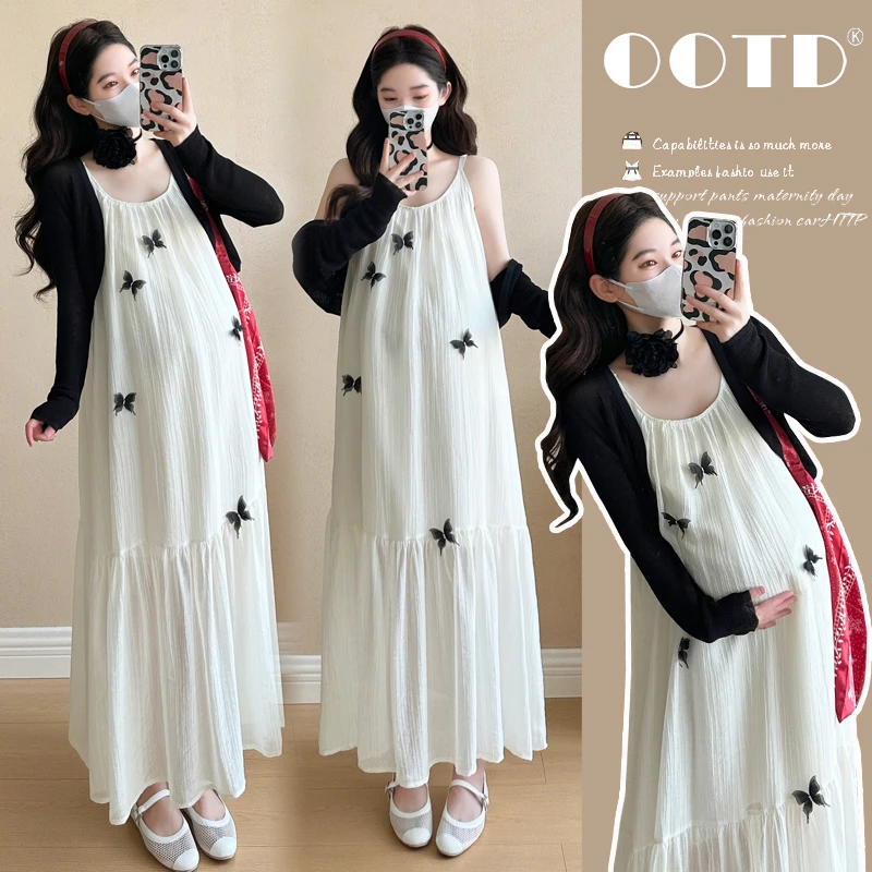 孕妇2025夏韩版时尚甜美减龄立体蝴蝶真两件防晒孕妇连衣裙-8660