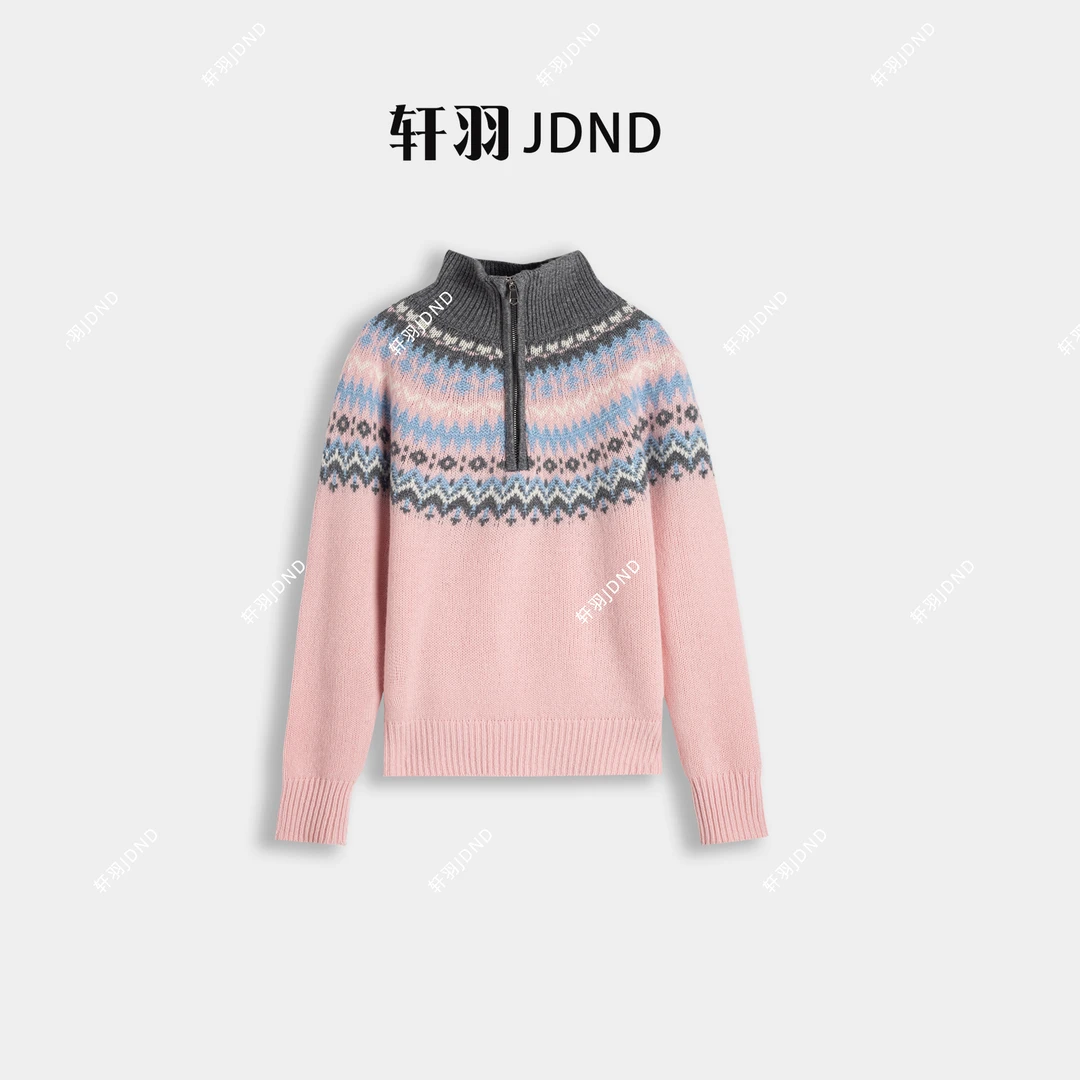 JDND轩羽【浅樱织梦】100%羊毛宽半开领针织高级感毛衣XY25762