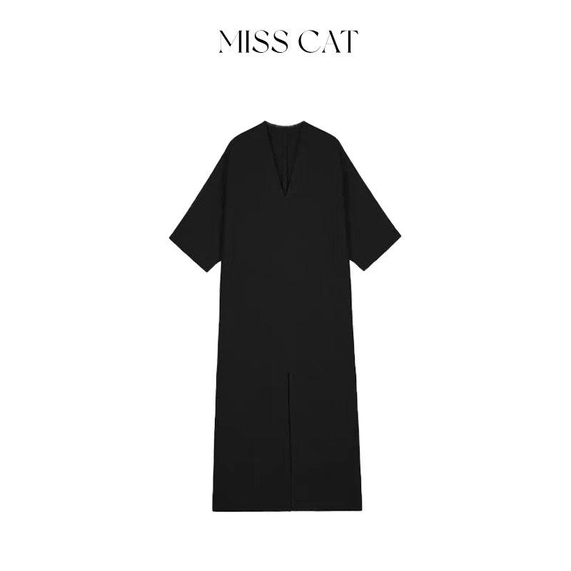 FELINE早呀猫小姐夏新法式设计感V领奢感开叉醋酸连衣裙