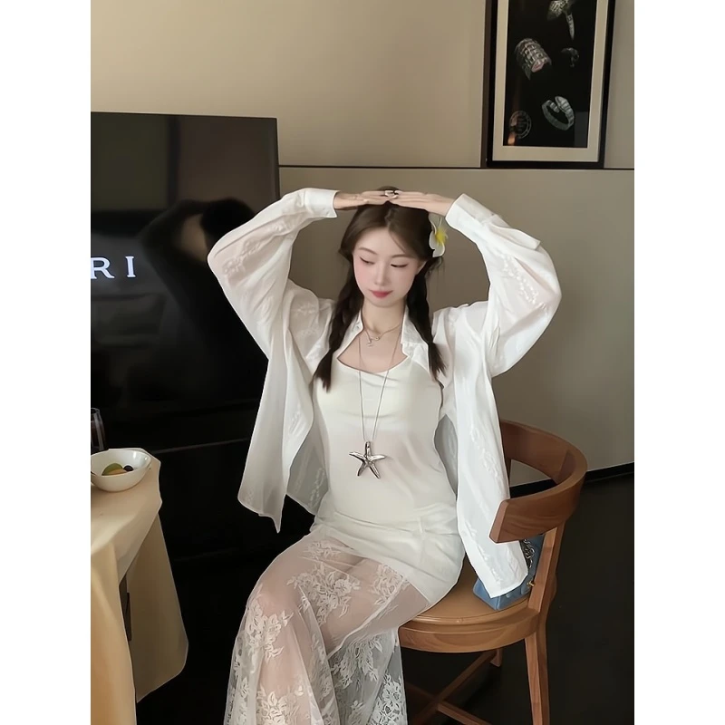 韩系白色纯欲风吊带显瘦连衣裙外搭宽松防晒衬衫外套上衣女两件套
