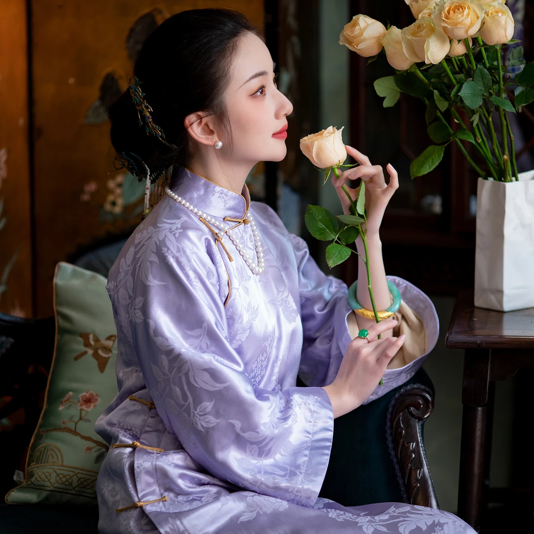 倾嫣如故丨一城风絮丨提花缎复古盘扣民国风全开襟夹棉厚旗袍