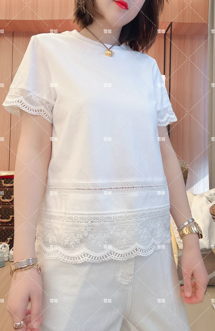 雪姐服饰「韩系蕾丝短袖」新款圆领拼接蕾丝短袖百搭宽松提花T恤