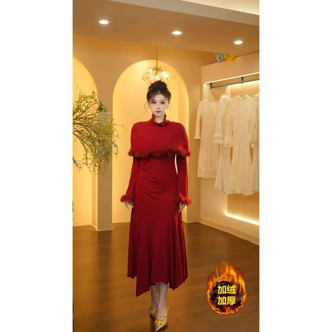 1店-1030【王超越定制】连衣裙秋冬季加绒加厚高腰修身DMQ7327