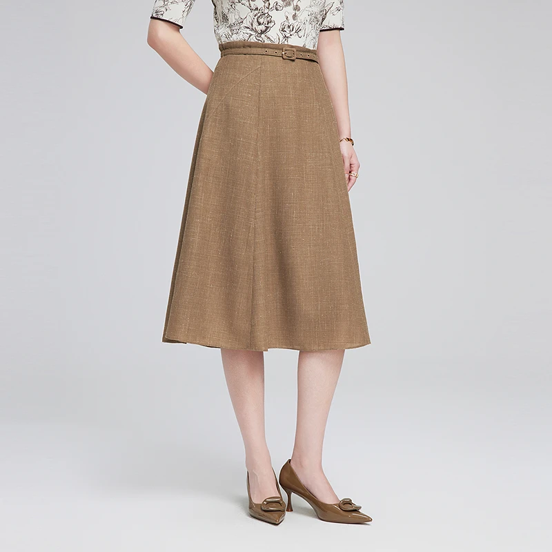 赢智尚卡其色绵羊毛显瘦长款A型半裙职场2025春季新款ZW01012