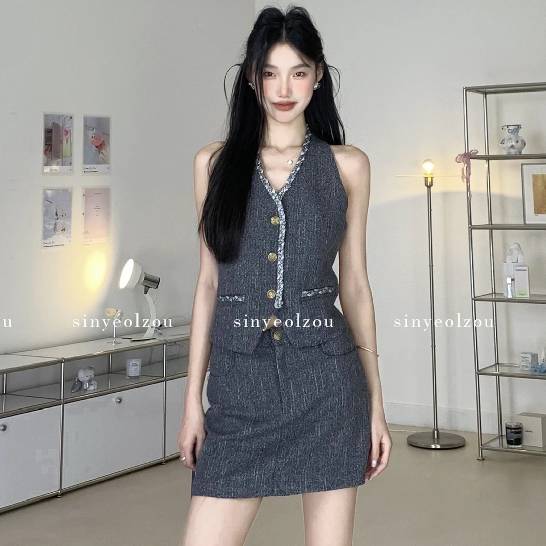 sinyeolzou 清*no退换 #7020 粗花呢高级灰马甲套装