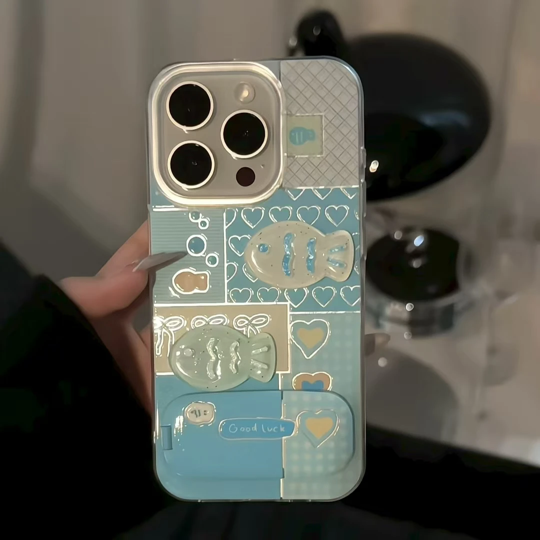 羽纱IMD适用苹果/华为/小米/oppo/vivo创意蓝粉小鱼防护ins手机壳