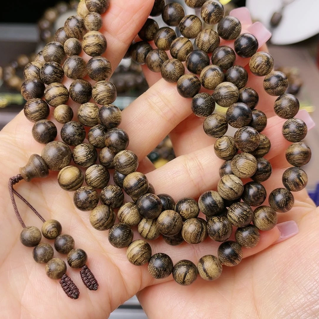 沉香手串李*越南芽庄老白棋玉化老料满樱子瘤疤虎斑纹