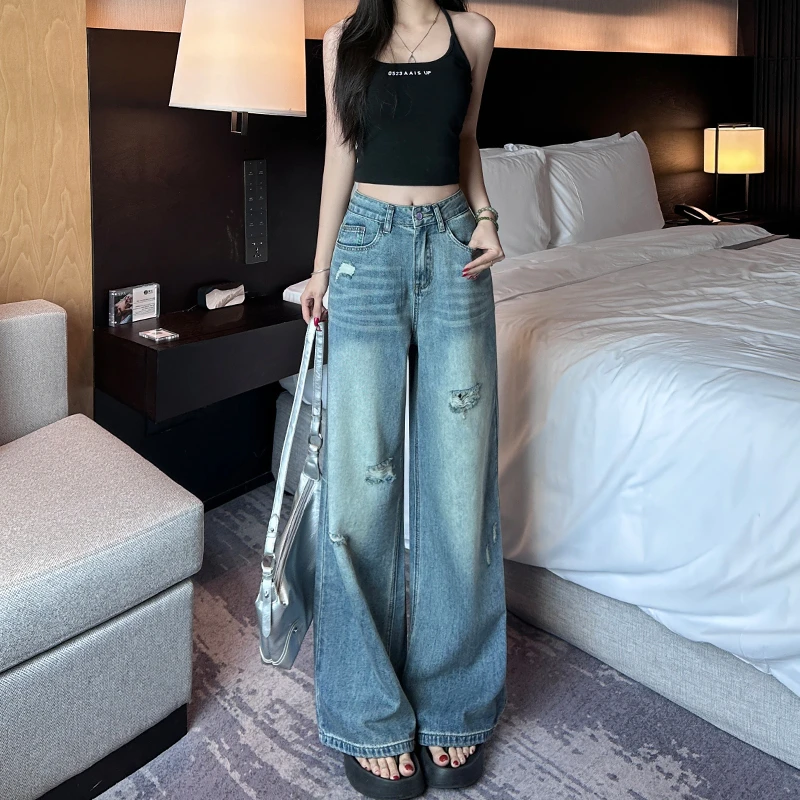 小个子辣妹美式破洞直筒牛仔裤女2025秋季新款高腰显瘦窄版阔腿裤