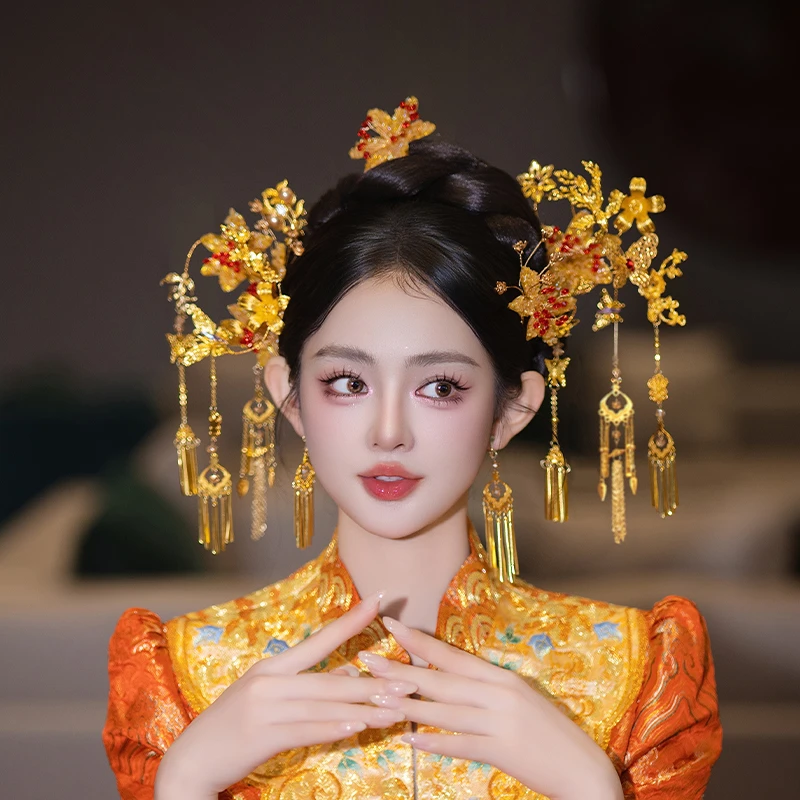 合金婚庆饰品 新娘金色奢华中式秀禾服头饰流苏花朵结婚配饰D0638
