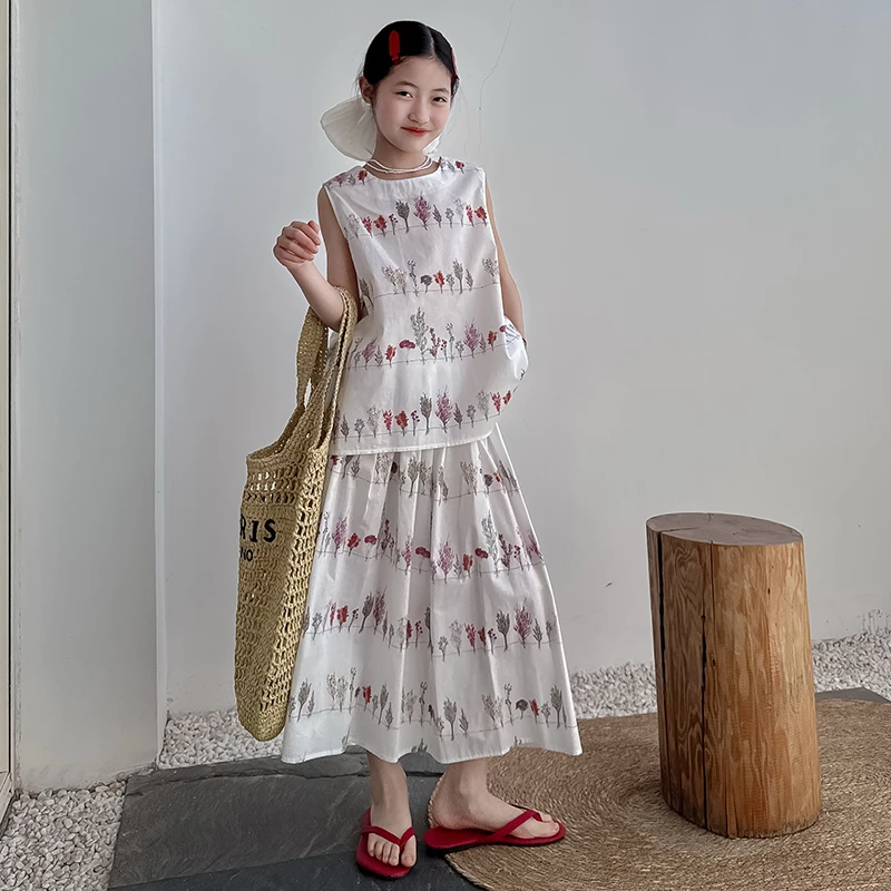 儿童套装女夏季2025新款洋气女童无袖上衣中大童韩版半身裙两件套