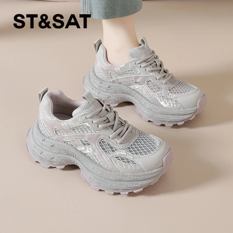 星期六轻奢运动鞋女士2025夏季老爹鞋时尚百搭爆款休闲网面鞋