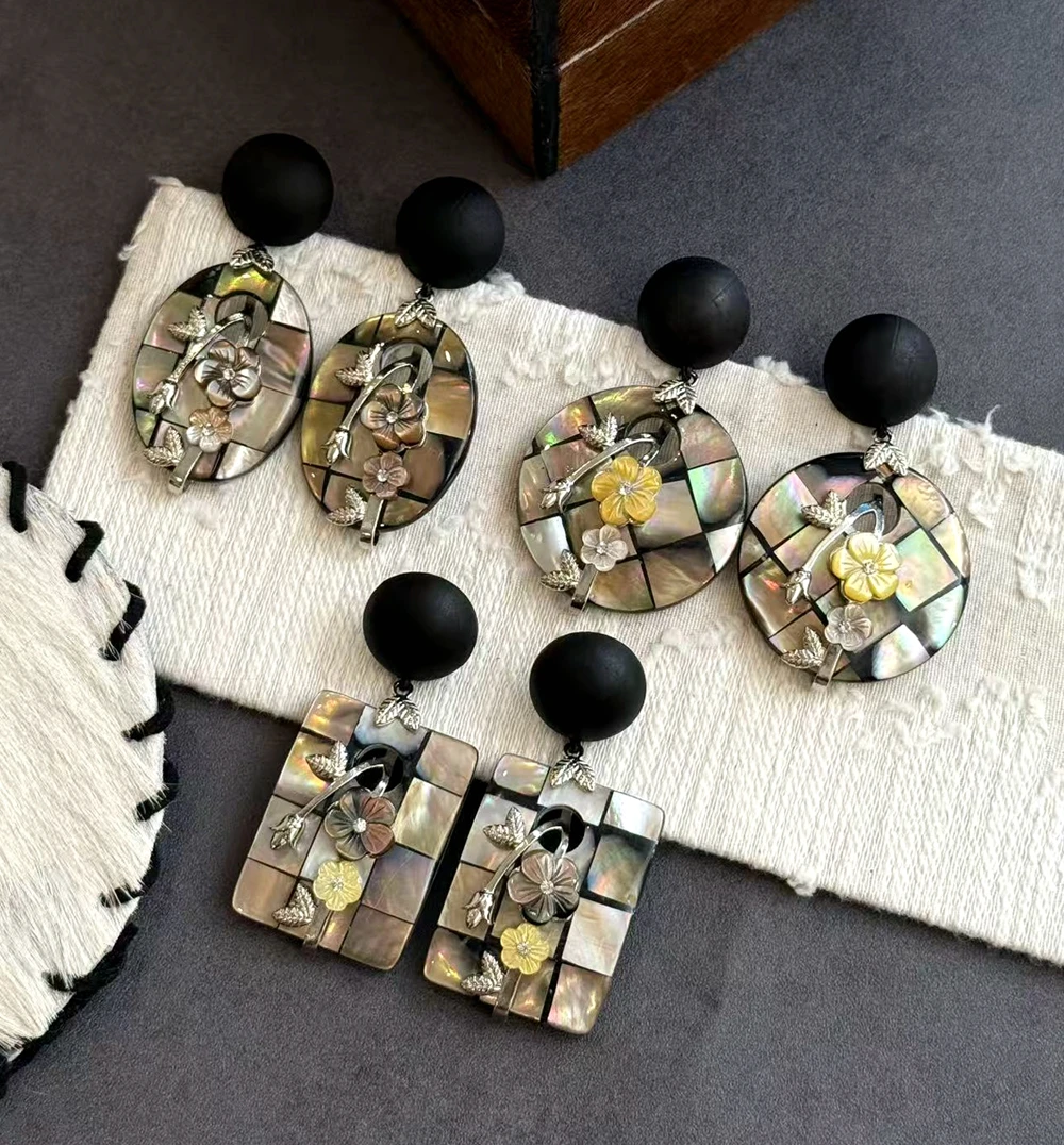 黄铜贝壳耳饰 【繁花似锦】炫彩鲍鱼贝檀木圆片气质时尚高级感耳环