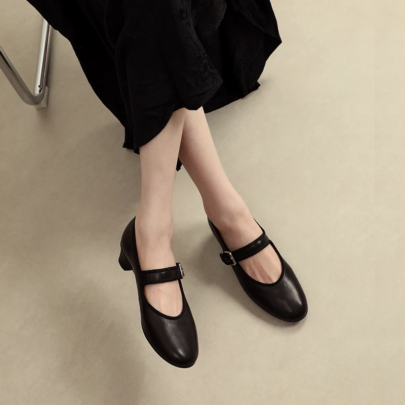 手工鞋法式高跟鞋粗跟一字带黑色玛丽珍鞋2025新款羊皮单鞋女