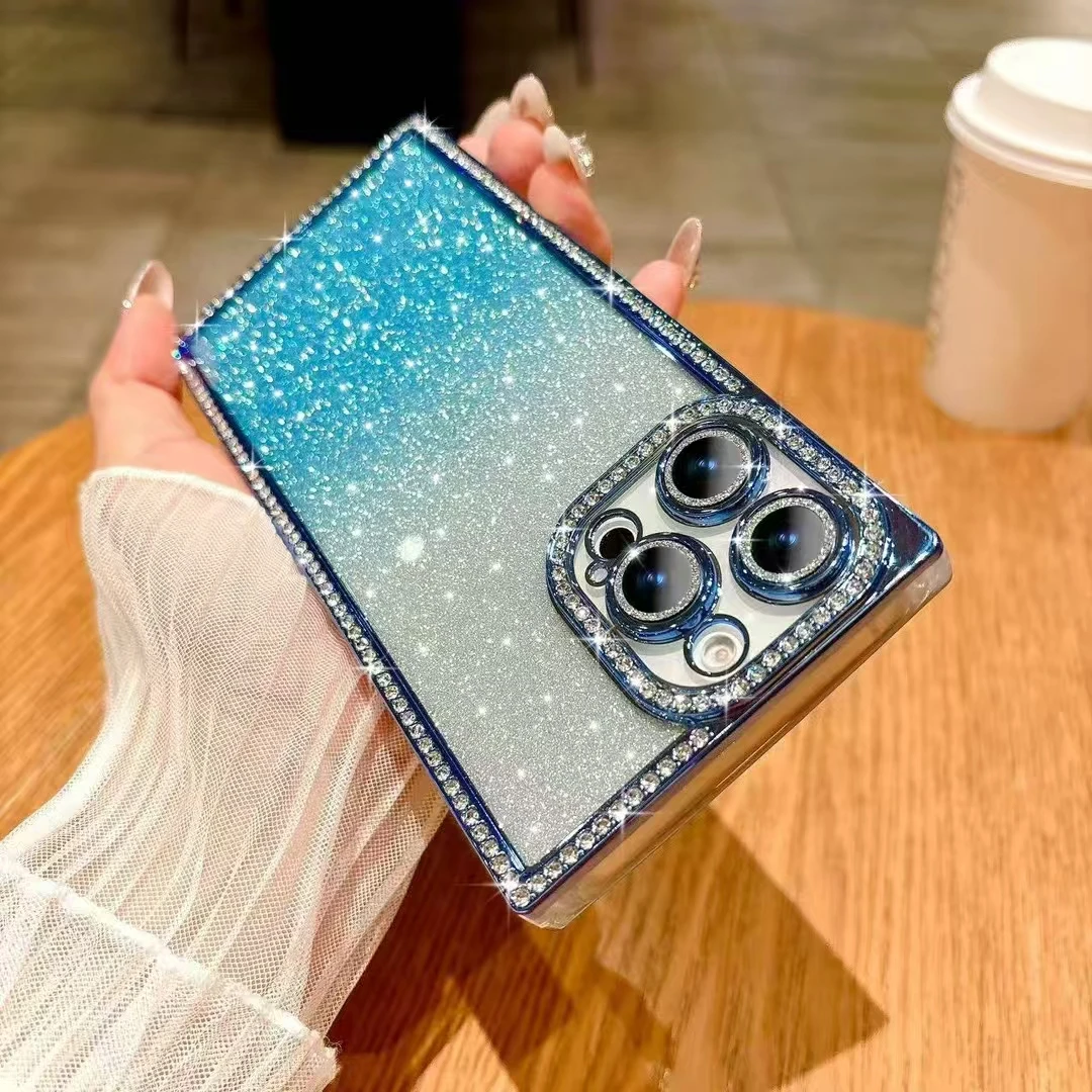 高颜值自带镜头膜手机保护适用苹果16方形手机壳15promax闪粉卡纸