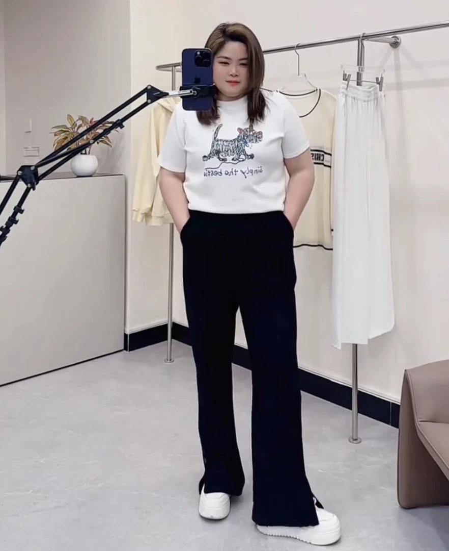 夏季胖mm女装开叉裤女高腰垂感阔腿裤女裤大码宽松窄版阔腿黑裤子