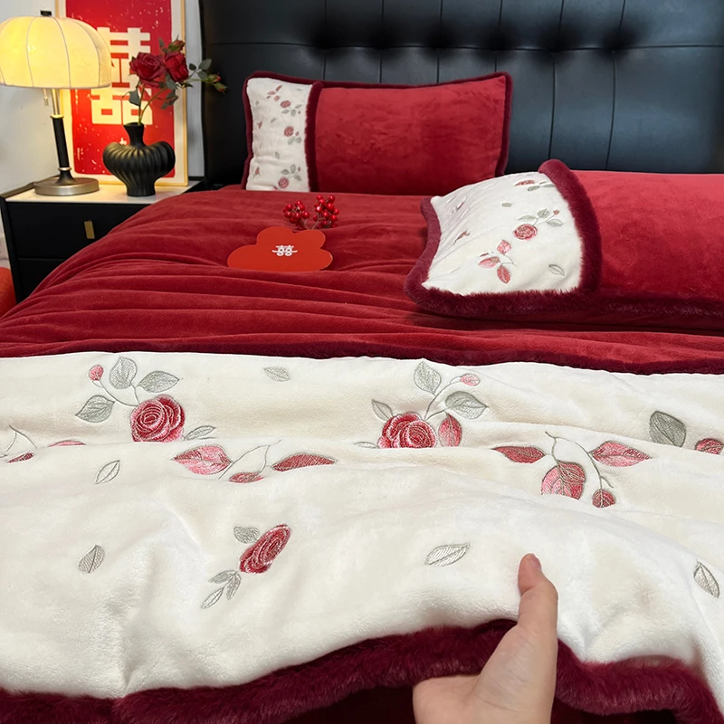 冬季法式玫瑰加厚牛奶绒结婚四件套红色婚庆床上用品