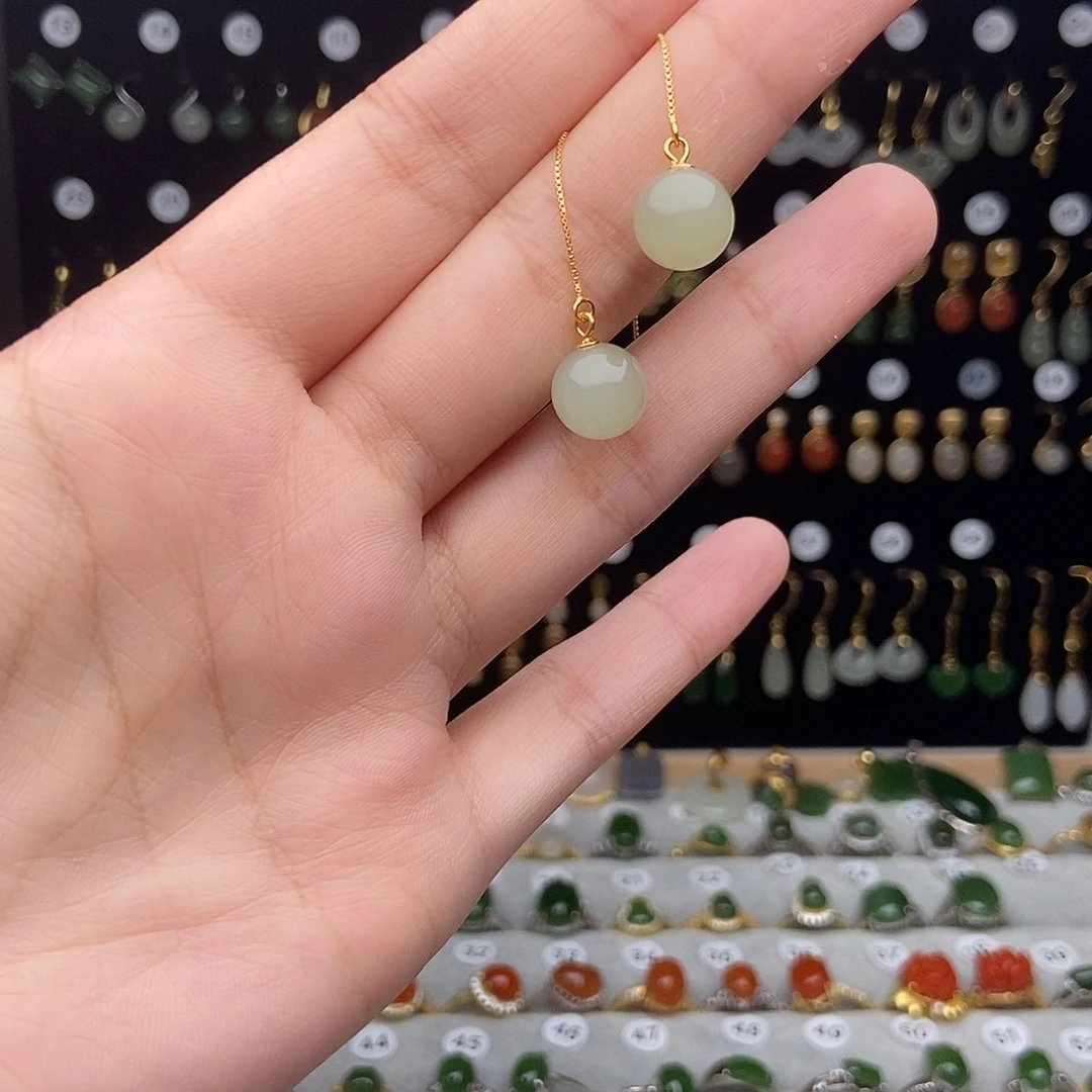 银S925镀金镶嵌和田玉耳饰