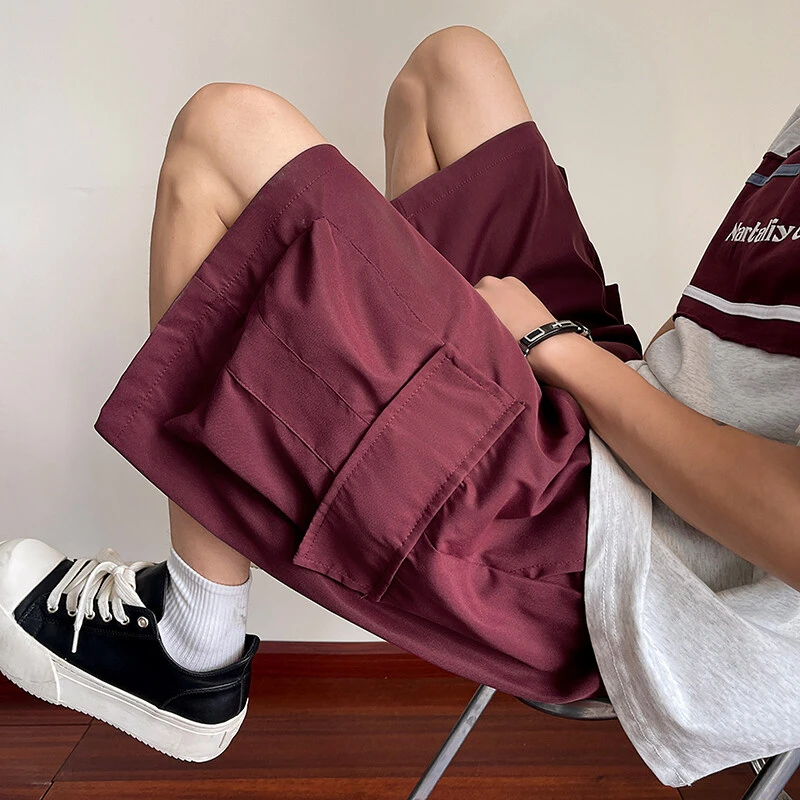 酒红色机能工装短裤男夏季美式复古休闲五分裤子潮牌外穿宽松中裤