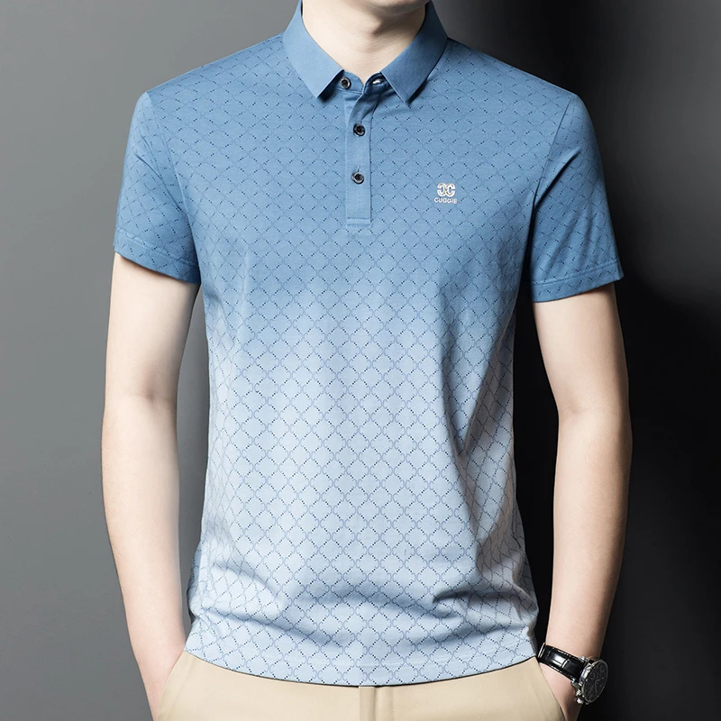 短袖2025新款男冰丝光棉t恤翻领渐变格子竹纤维高档青年夏装上衣