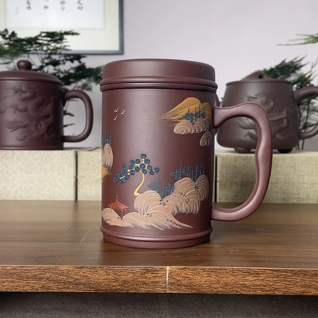 茶杯紫砂泥绘山水450cc三件套旅行杯